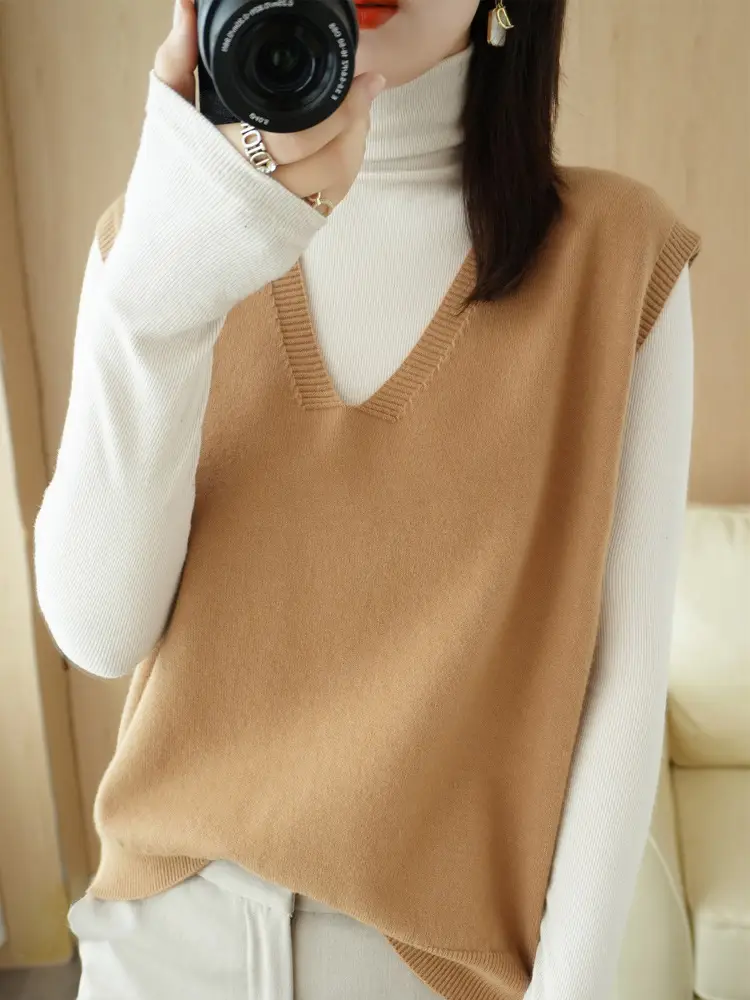 Women Wool Knitted Sleeveless Vest Tan Korean Style - Image 13