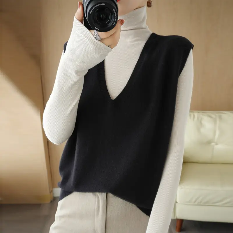 Women Wool Knitted Sleeveless Vest Tan Korean Style - Image 2