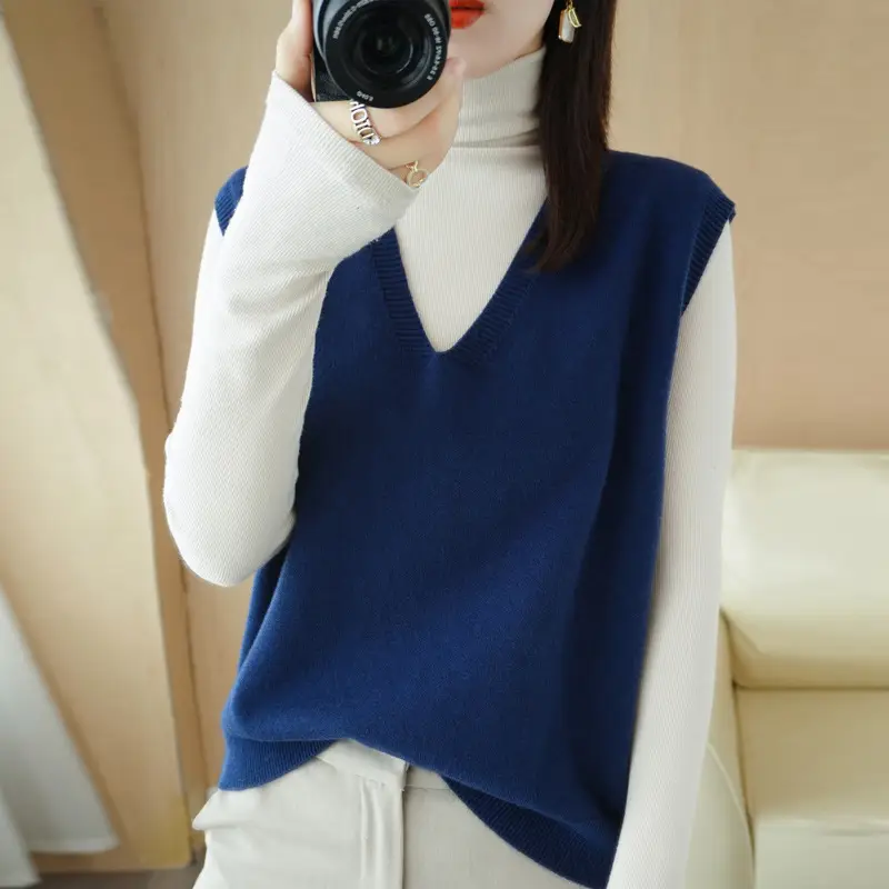 Women Wool Knitted Sleeveless Vest Tan Korean Style - Image 3