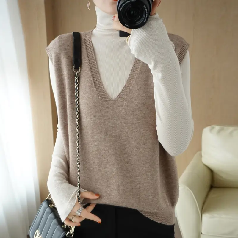 Women Wool Knitted Sleeveless Vest Tan Korean Style - Image 5