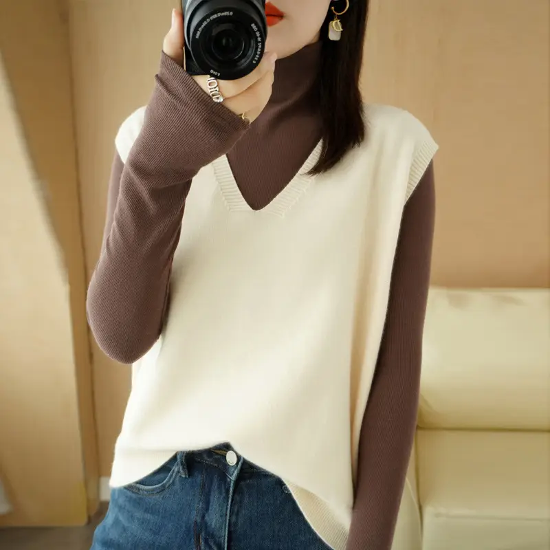 Women Wool Knitted Sleeveless Vest Tan Korean Style - Image 7