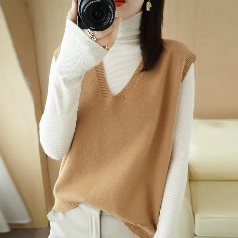 Women Wool Knitted Sleeveless Vest Tan Korean Style - Image 8
