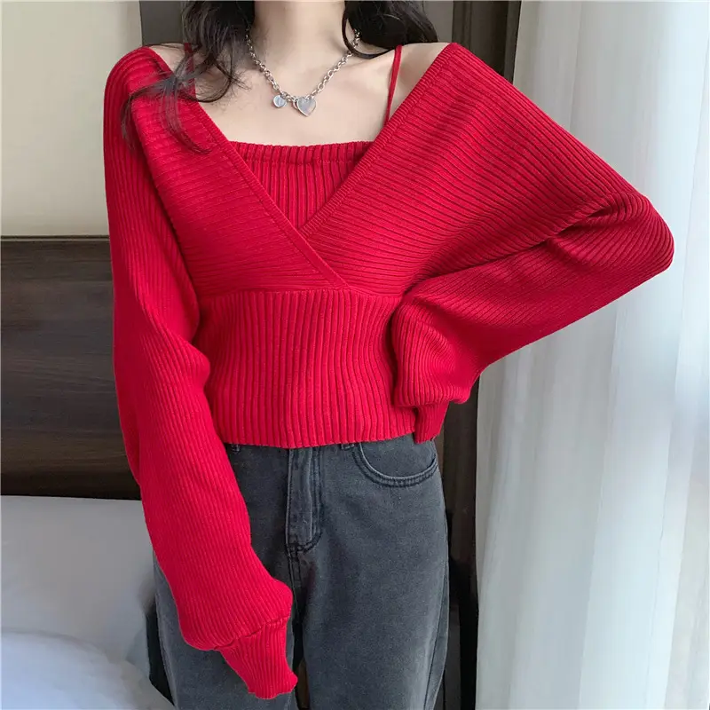 Red Knitted V-Neck Long Sleeve Women's Top - Image 7
