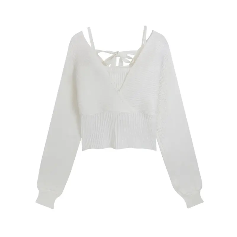 Red Knitted V-Neck Long Sleeve Women's Top - Image 10