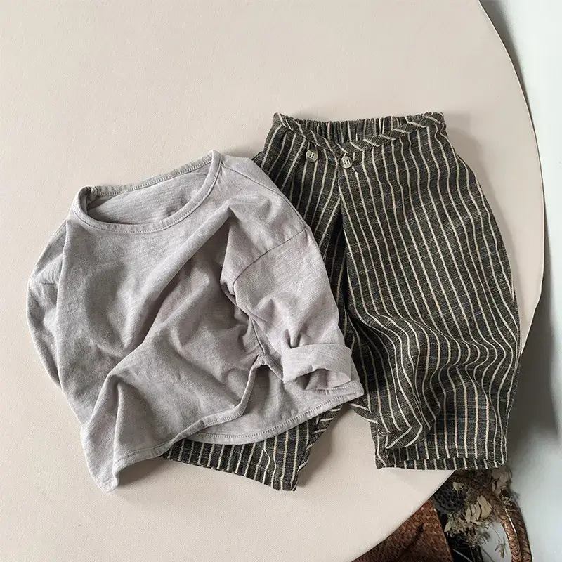 Japanese Style Striped Cotton Linen Shorts for Boys Girls - Image 2