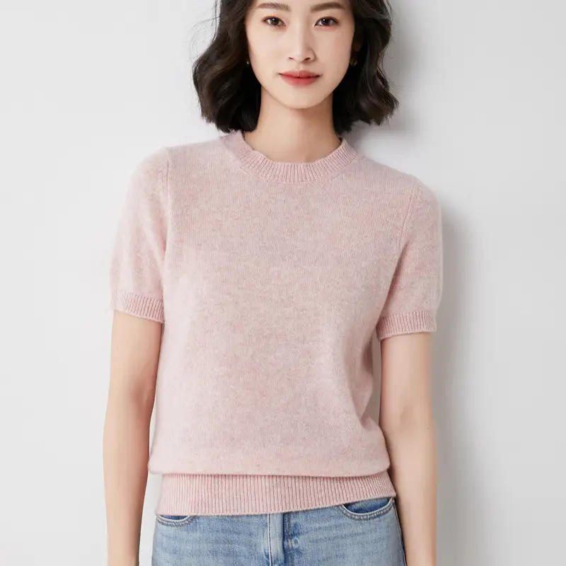 Women's Pink Knit T-Shirt Round Neck Loose Fit - Image 10