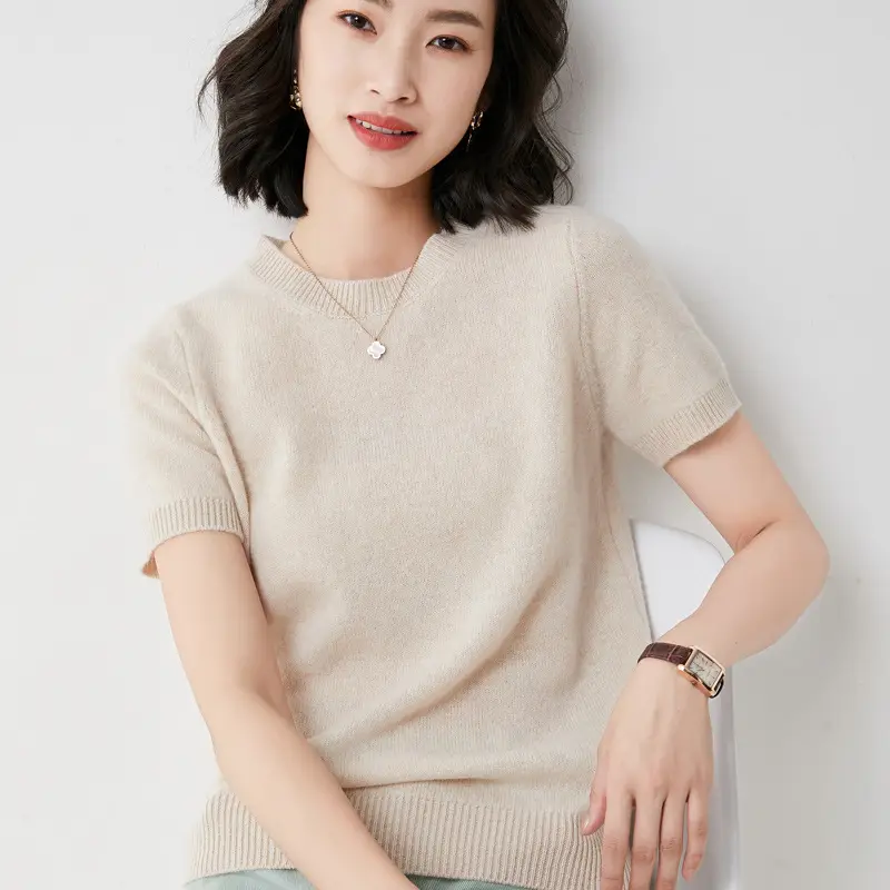 Women's Pink Knit T-Shirt Round Neck Loose Fit - Image 11