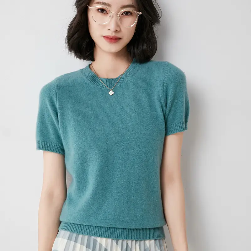 Women's Pink Knit T-Shirt Round Neck Loose Fit - Image 5
