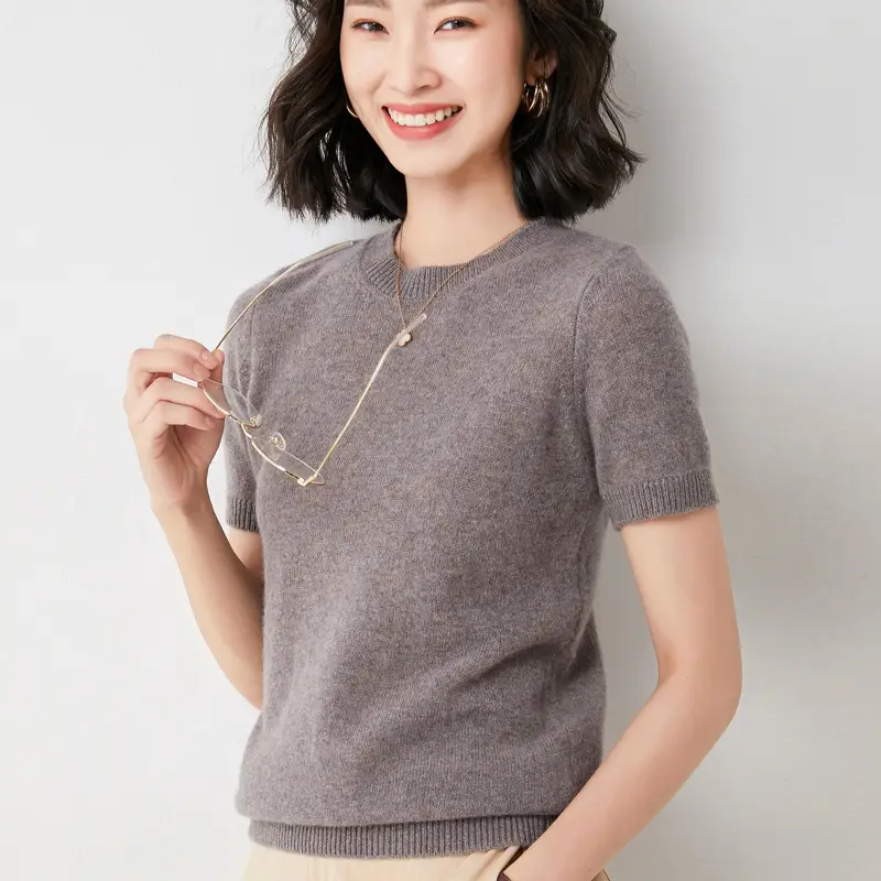 Women's Pink Knit T-Shirt Round Neck Loose Fit - Image 6