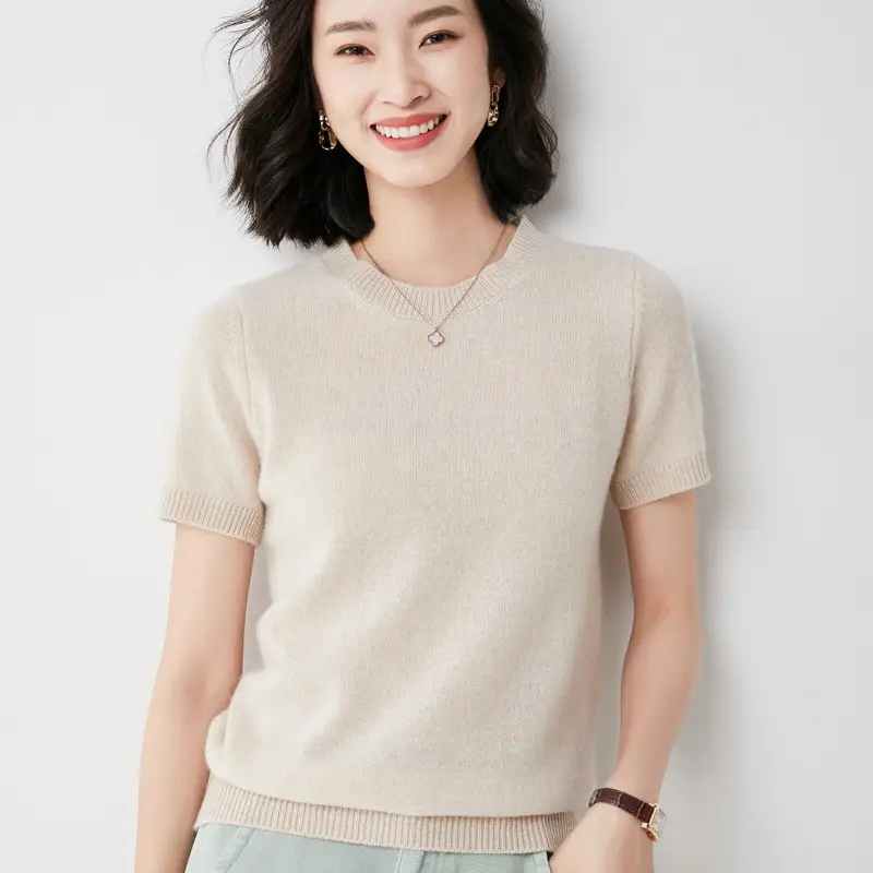 Women's Pink Knit T-Shirt Round Neck Loose Fit - Image 8