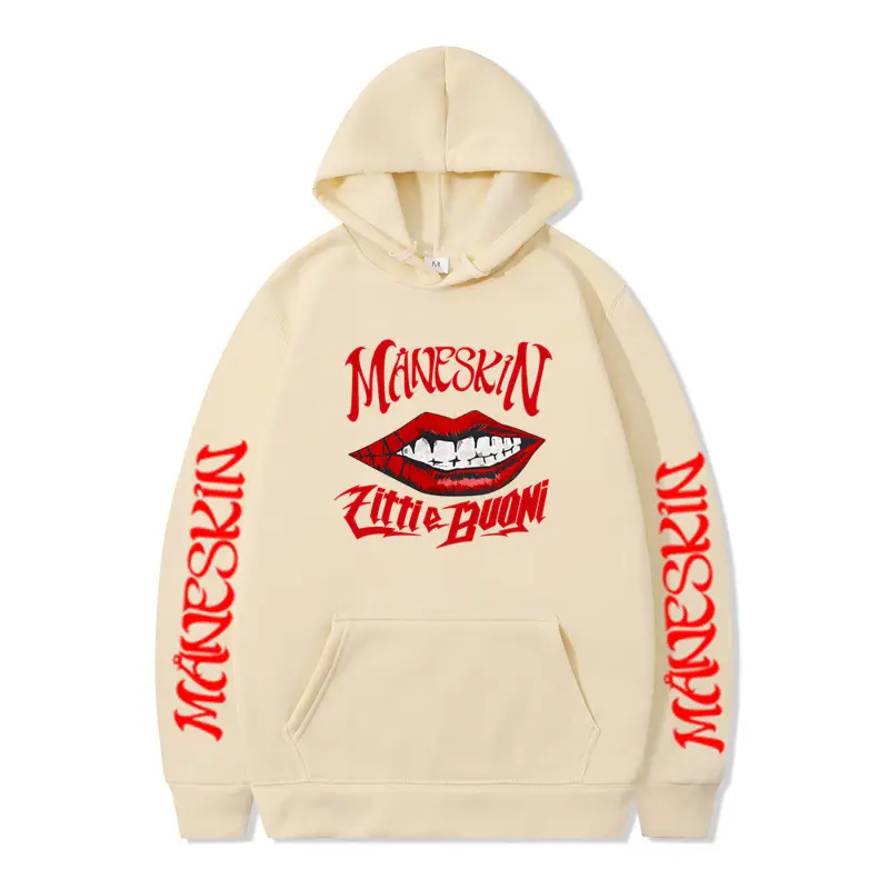 Men's Cream Hooded Sweatshirt Maneskin Rock Band 2D Print
