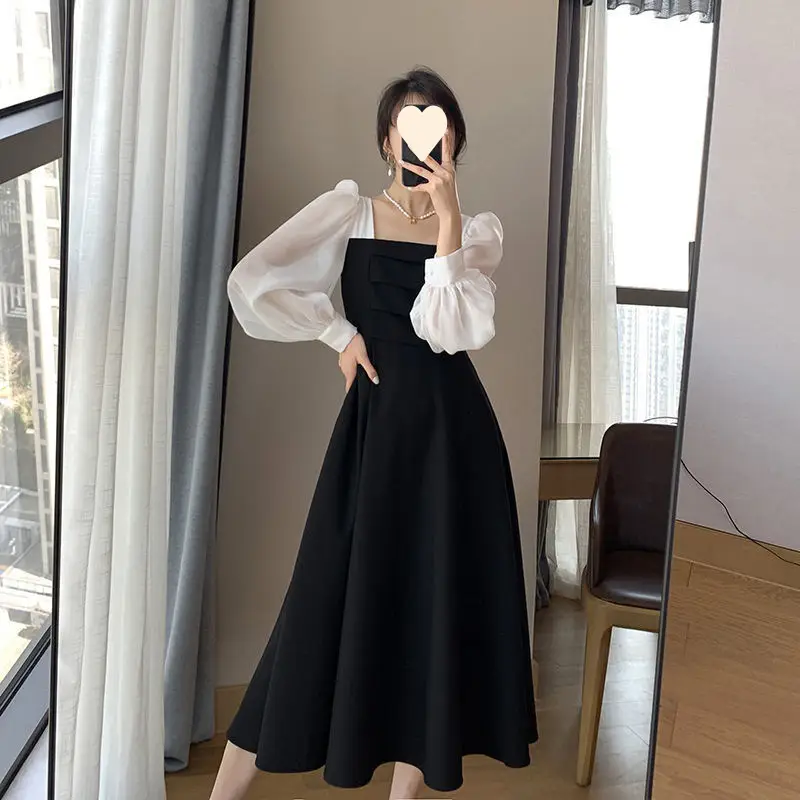 Long Sleeve Black Organza Dress Women Spring Autumn Stitching Square Collar French Dress Vintage Mesh Dress - Image 3