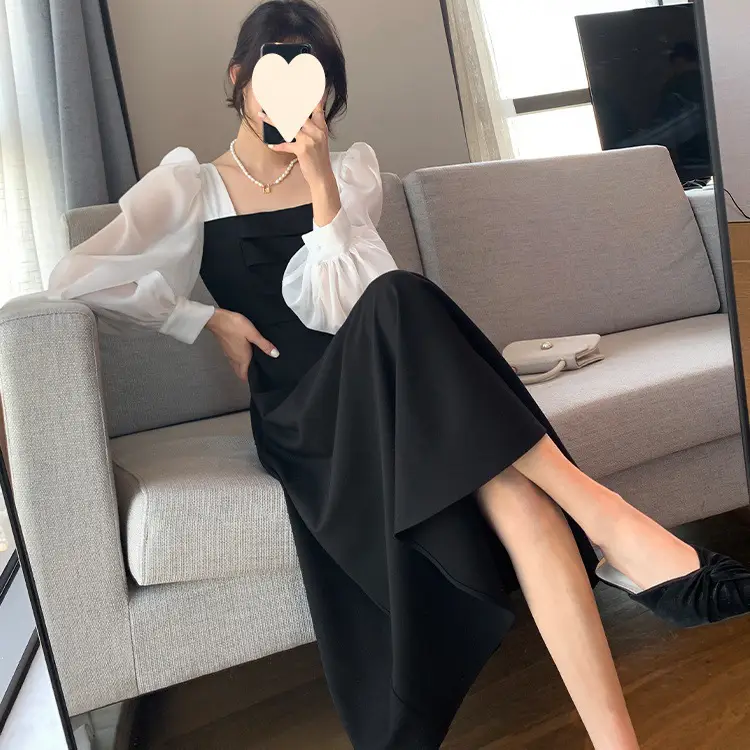 Long Sleeve Black Organza Dress Women Spring Autumn Stitching Square Collar French Dress Vintage Mesh Dress - Image 4