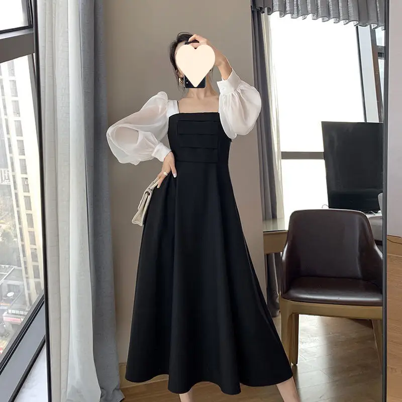 Long Sleeve Black Organza Dress Women Spring Autumn Stitching Square Collar French Dress Vintage Mesh Dress - Image 5