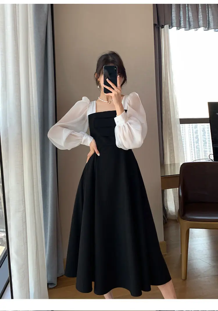 Long Sleeve Black Organza Dress Women Spring Autumn Stitching Square Collar French Dress Vintage Mesh Dress — feature 4