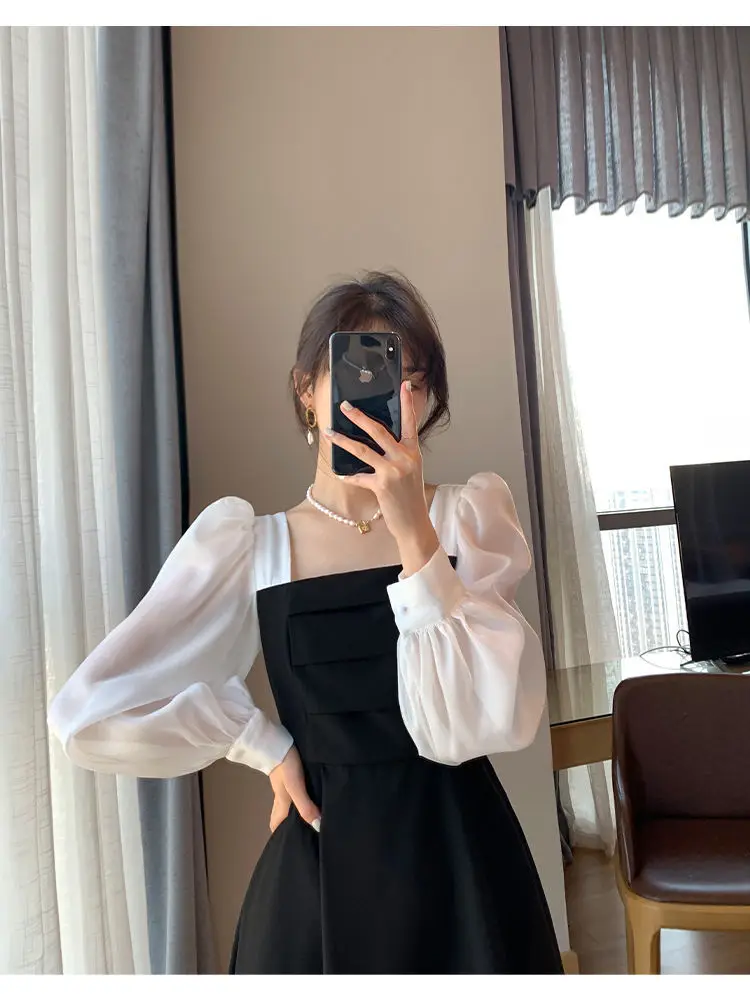 Long Sleeve Black Organza Dress Women Spring Autumn Stitching Square Collar French Dress Vintage Mesh Dress — feature 5
