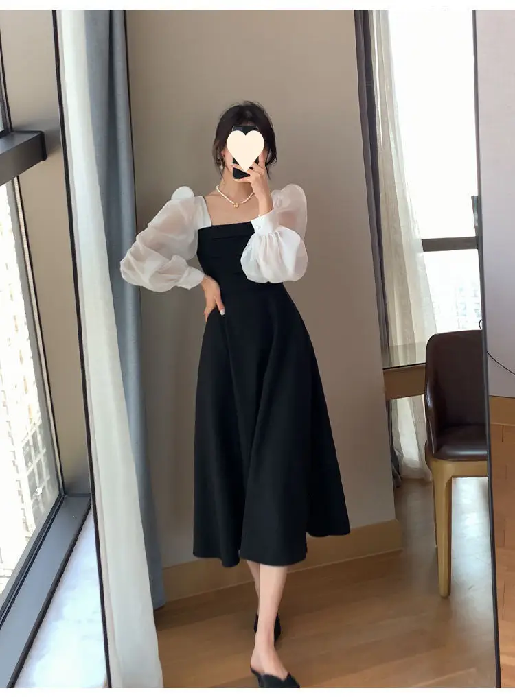 Long Sleeve Black Organza Dress Women Spring Autumn Stitching Square Collar French Dress Vintage Mesh Dress — feature 9
