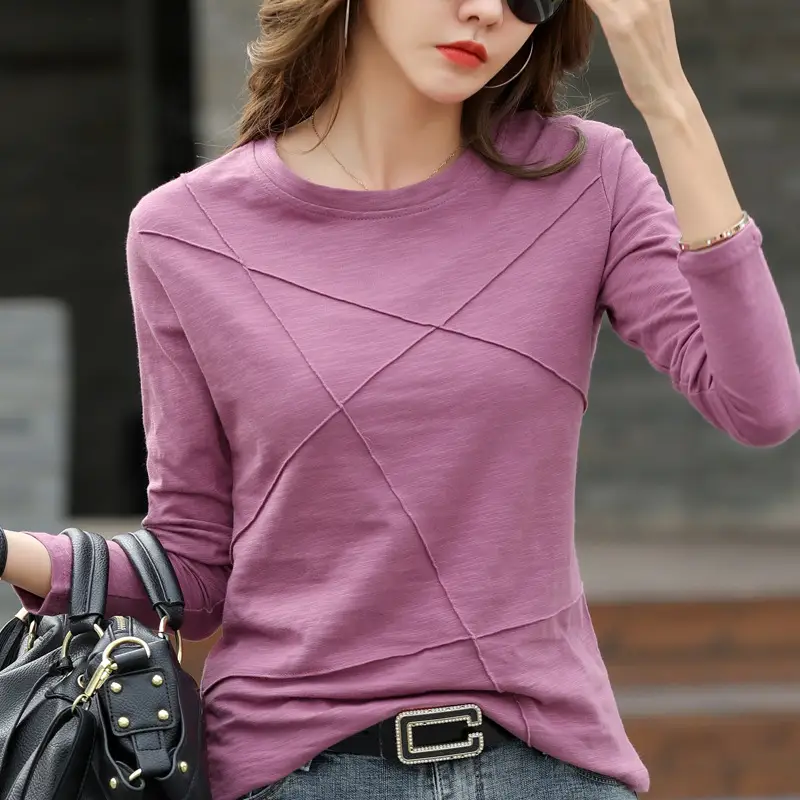 Women Slub Cotton Long Sleeve T-Shirt Grey Spring Autumn - Image 7