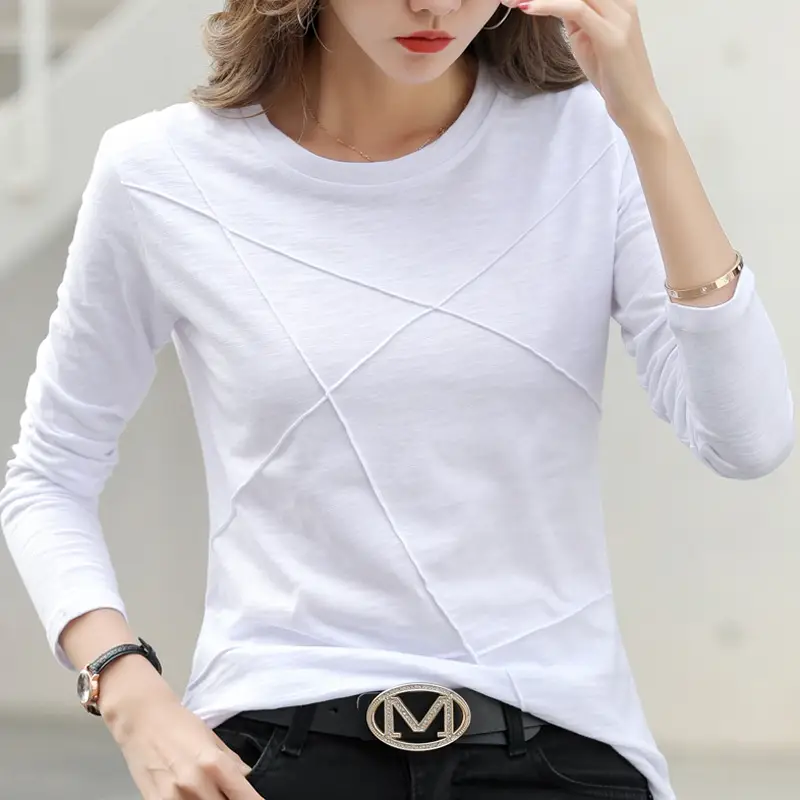 Women Slub Cotton Long Sleeve T-Shirt Grey Spring Autumn - Image 8