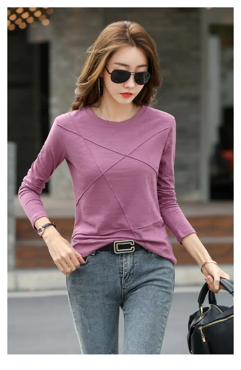 Women Slub Cotton Long Sleeve T-Shirt Grey Spring Autumn — feature 14