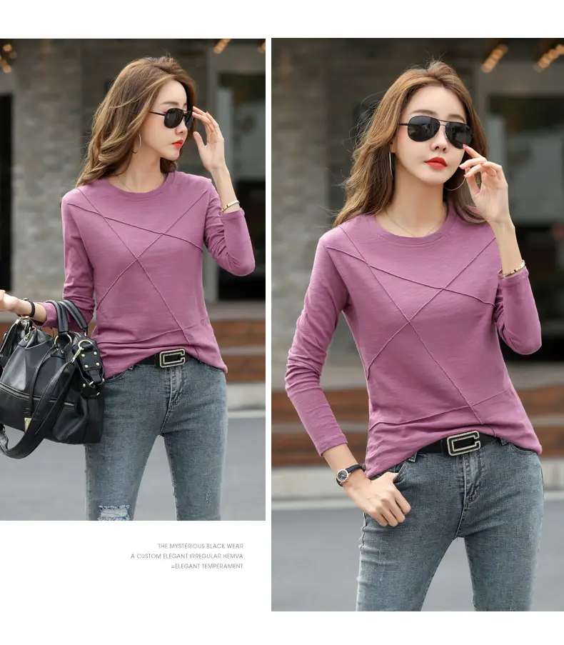 Women Slub Cotton Long Sleeve T-Shirt Grey Spring Autumn — feature 16