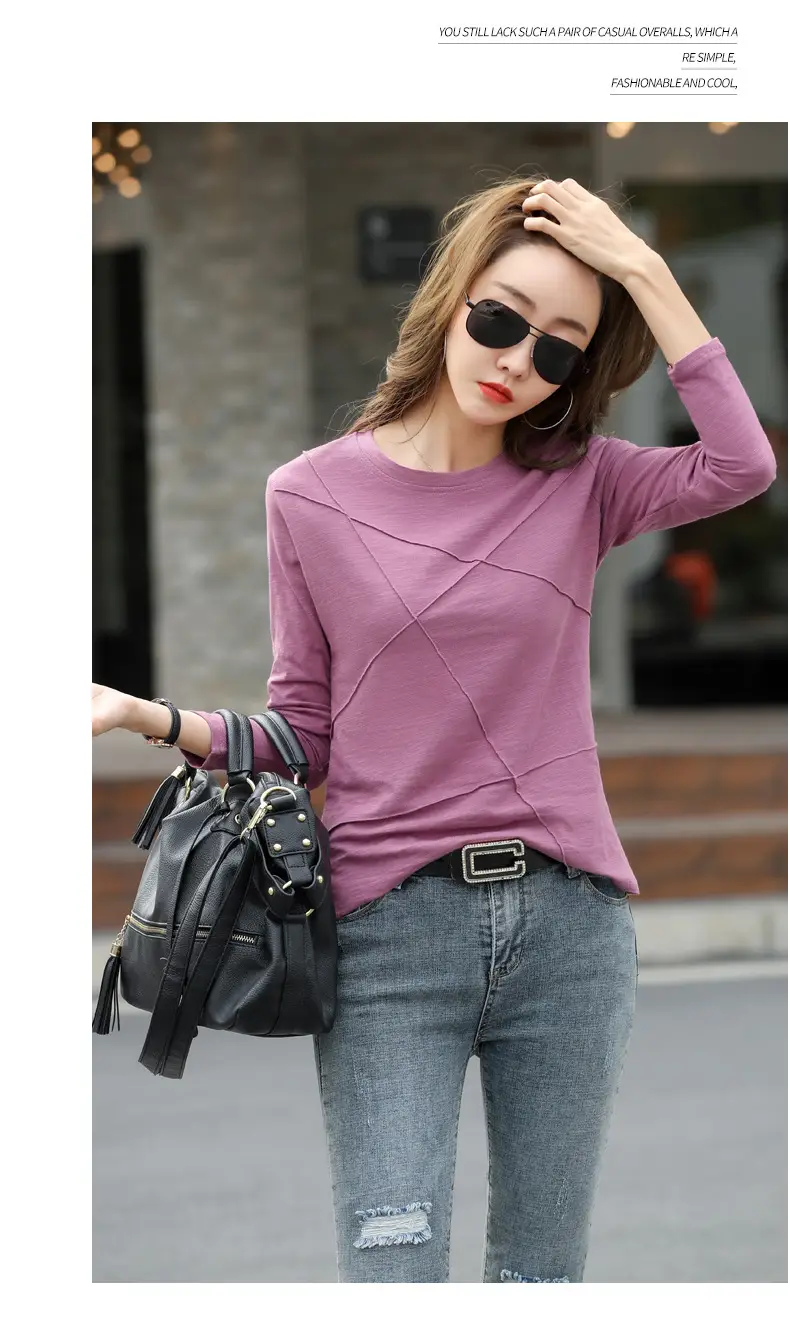 Women Slub Cotton Long Sleeve T-Shirt Grey Spring Autumn — feature 17