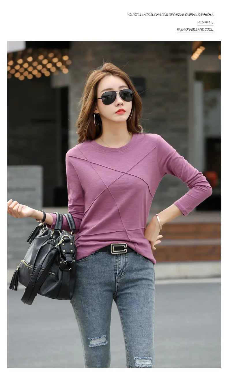 Women Slub Cotton Long Sleeve T-Shirt Grey Spring Autumn — feature 18