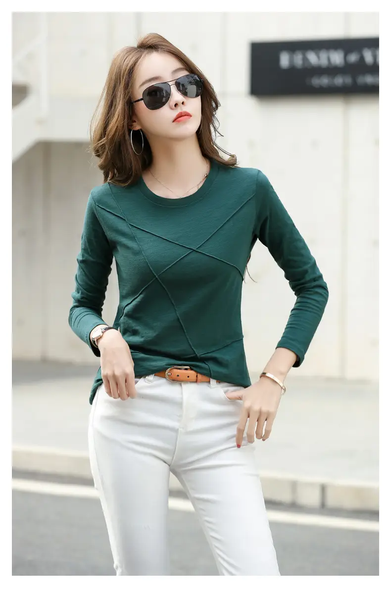 Women Slub Cotton Long Sleeve T-Shirt Grey Spring Autumn — feature 19