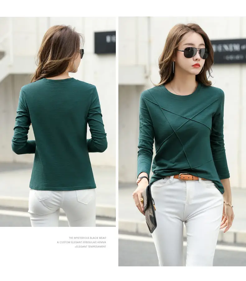 Women Slub Cotton Long Sleeve T-Shirt Grey Spring Autumn — feature 21