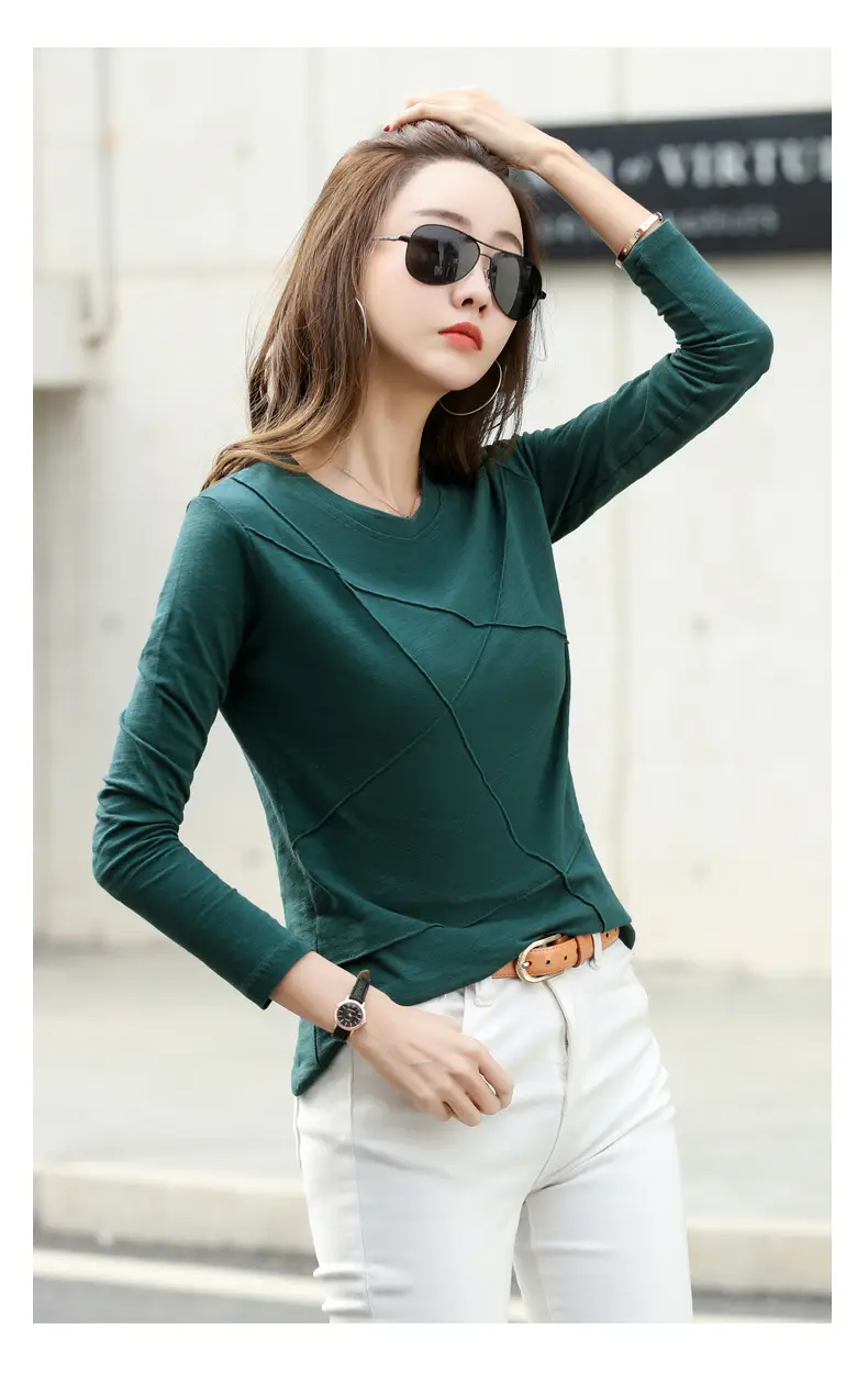 Women Slub Cotton Long Sleeve T-Shirt Grey Spring Autumn — feature 22