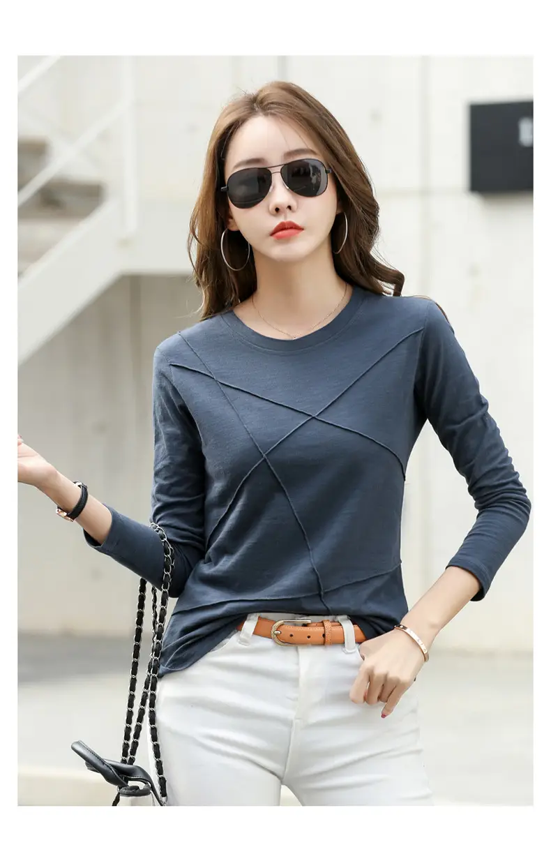 Women Slub Cotton Long Sleeve T-Shirt Grey Spring Autumn — feature 24