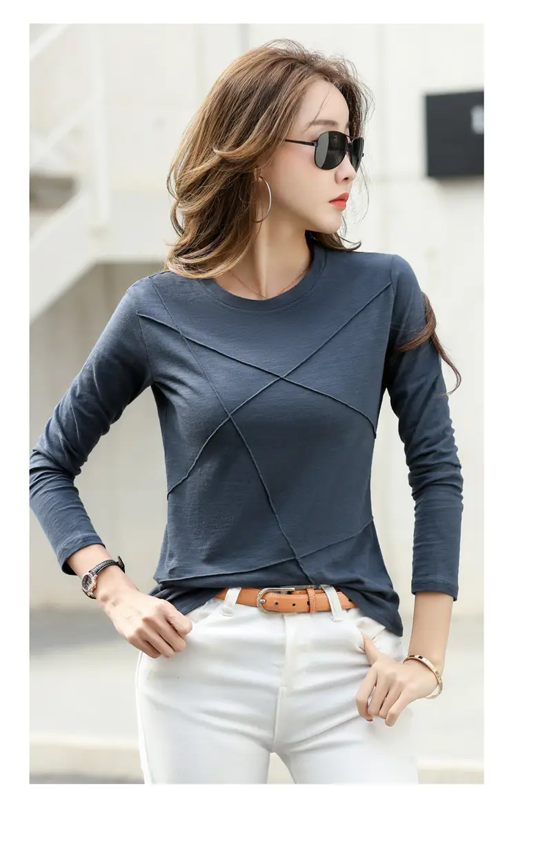 Women Slub Cotton Long Sleeve T-Shirt Grey Spring Autumn — feature 25