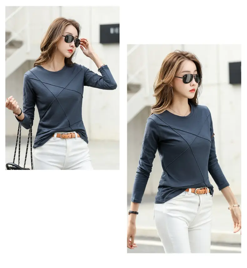Women Slub Cotton Long Sleeve T-Shirt Grey Spring Autumn — feature 26
