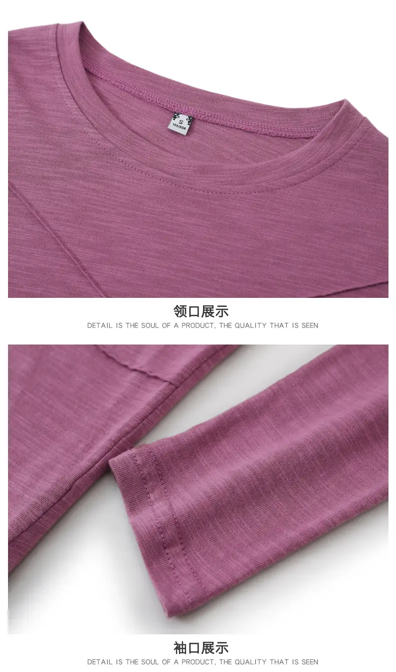 Women Slub Cotton Long Sleeve T-Shirt Grey Spring Autumn — feature 29