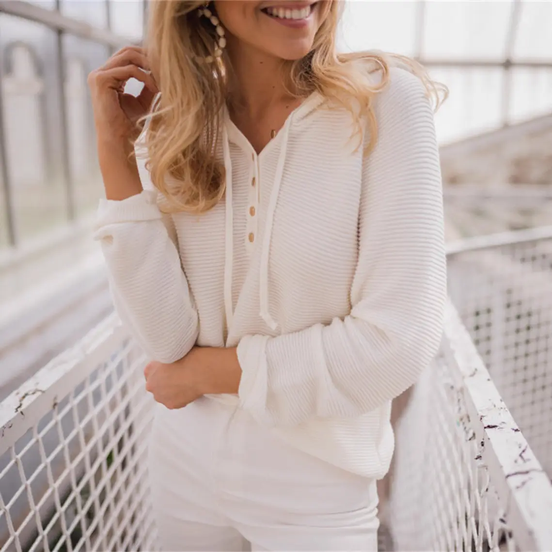 Women Hooded Knitted Sweater Set White Loose Fit Casual Winter Wear