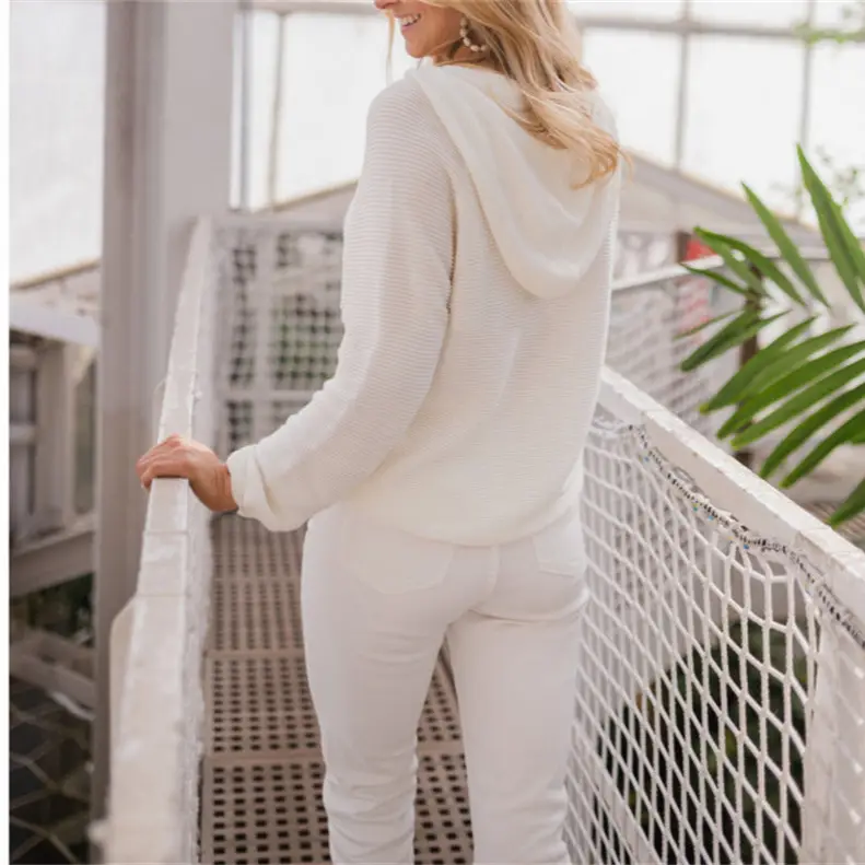 Women Hooded Knitted Sweater Set White Loose Fit Casual Winter Wear