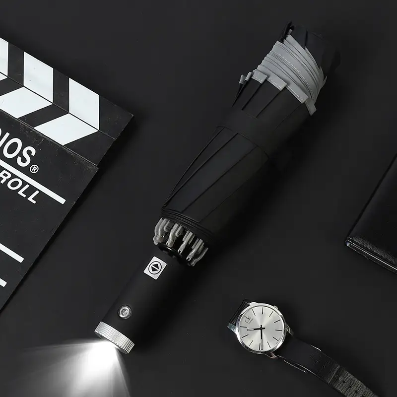 Reverse umbrella with flashlight opaque black vinyl