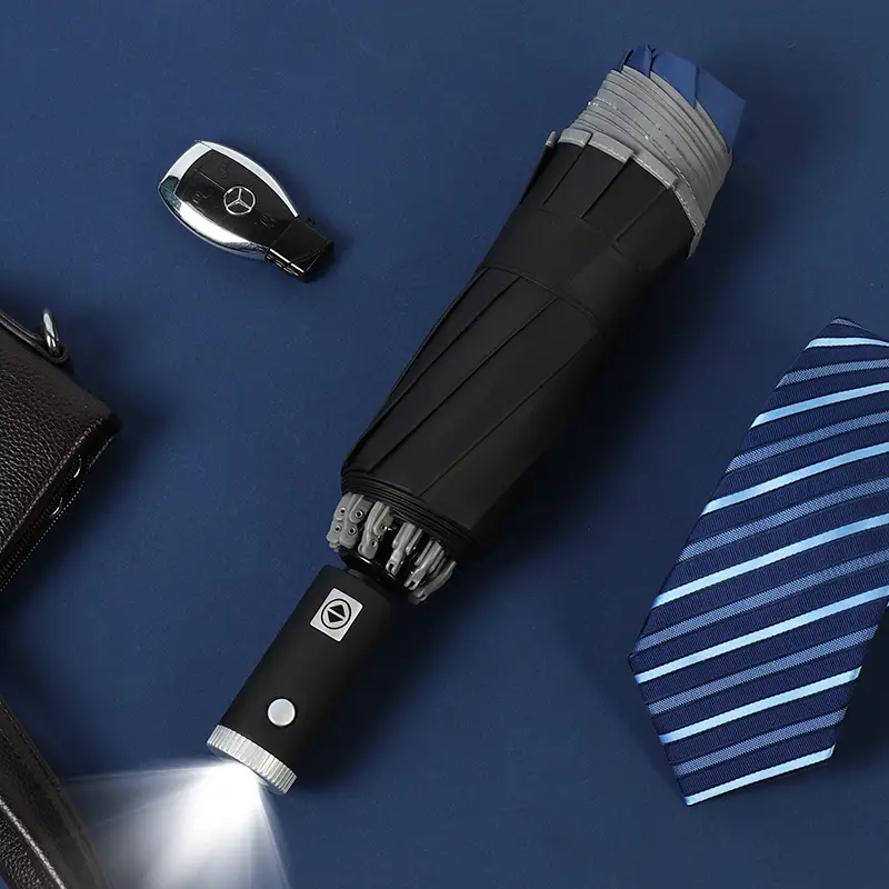 Reverse umbrella with flashlight opaque black rubber navy