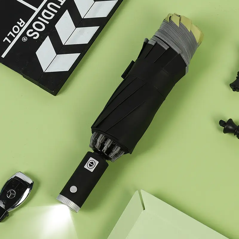 Reverse umbrella with flashlight opaque black rubber matcha green