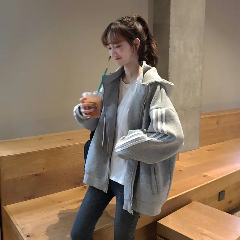 Women Hooded Cardigan Sweatshirt Jacket Grey Fleece Lined