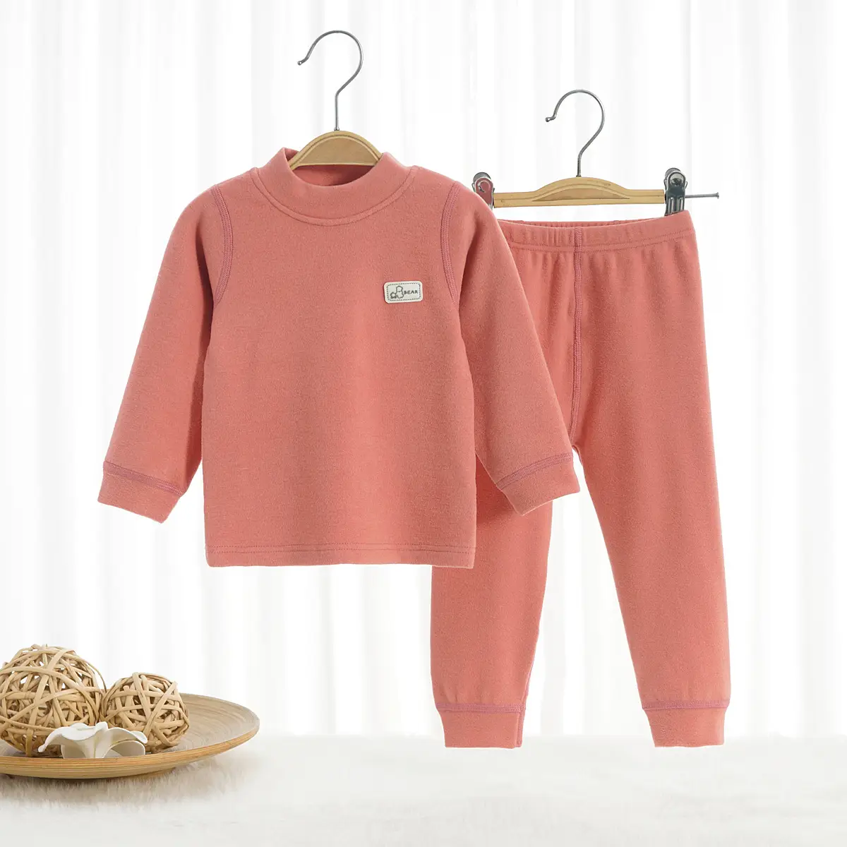 Children's Long Sleeve Velvet Pajamas Set Beige - Image 5