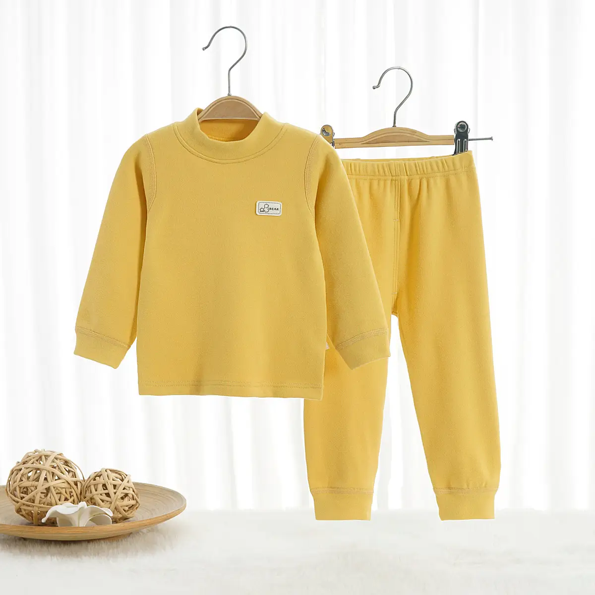 Children's Long Sleeve Velvet Pajamas Set Beige - Image 2