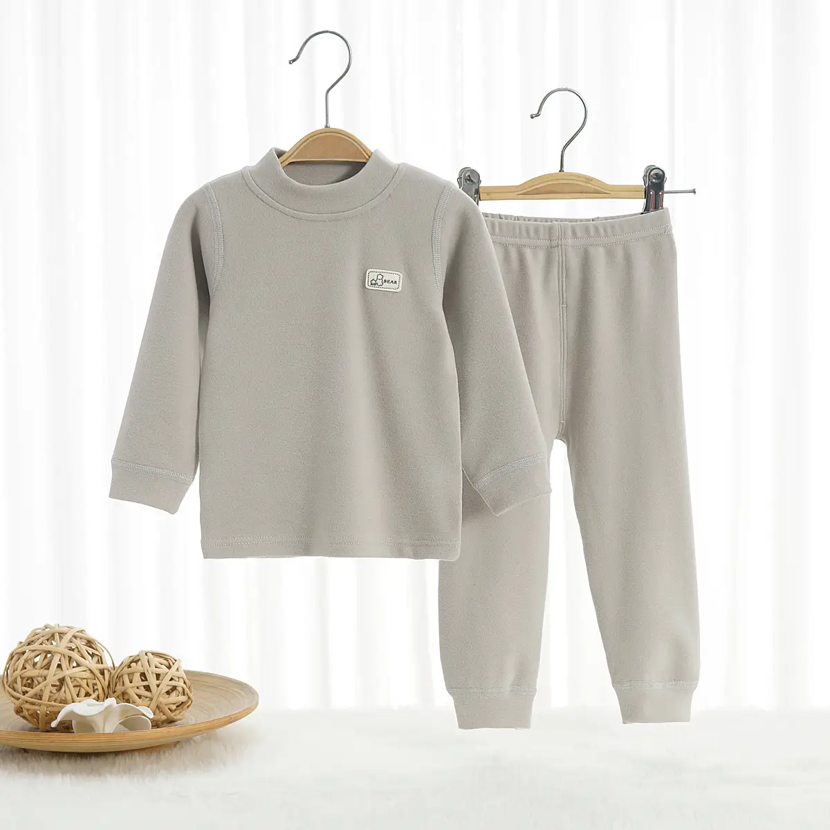 Children's Long Sleeve Velvet Pajamas Set Beige - Image 7