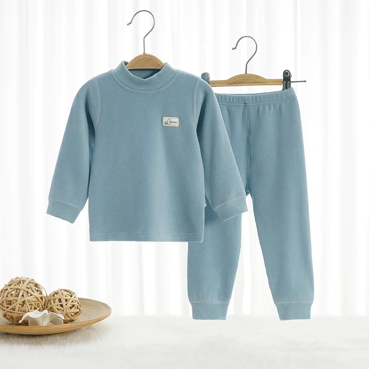 Children's Long Sleeve Velvet Pajamas Set Beige - Image 4