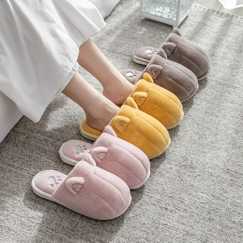 New Cute Cartoon Fabric Plush Cotton Slippers Women's Winter Non-slip Couple Home Warm Home Indoor Cotton Shoes for Men