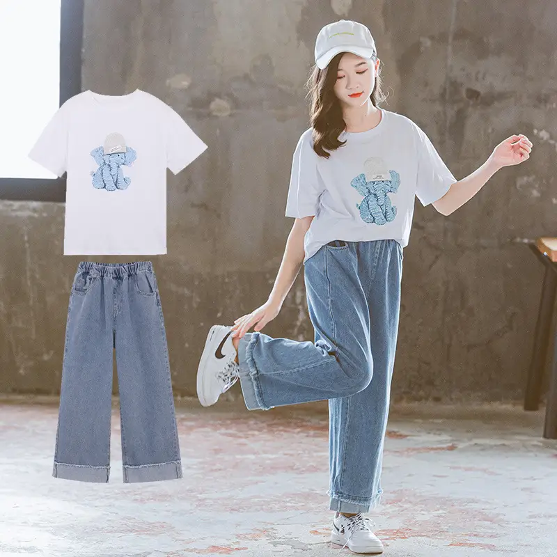 Girls Cotton T-Shirt & Denim Shorts Set White Blue 2025 - Image 3