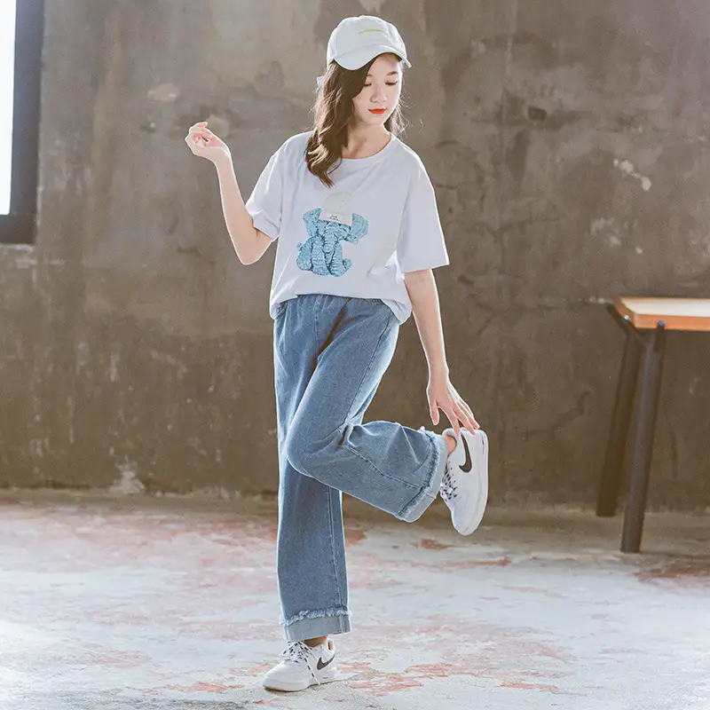 Girls Cotton T-Shirt & Denim Shorts Set White Blue 2025 - Image 4