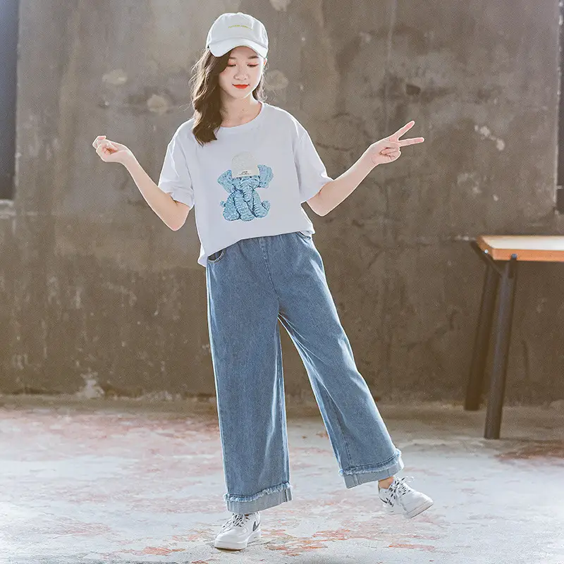 Girls Cotton T-Shirt & Denim Shorts Set White Blue 2025 - Image 5