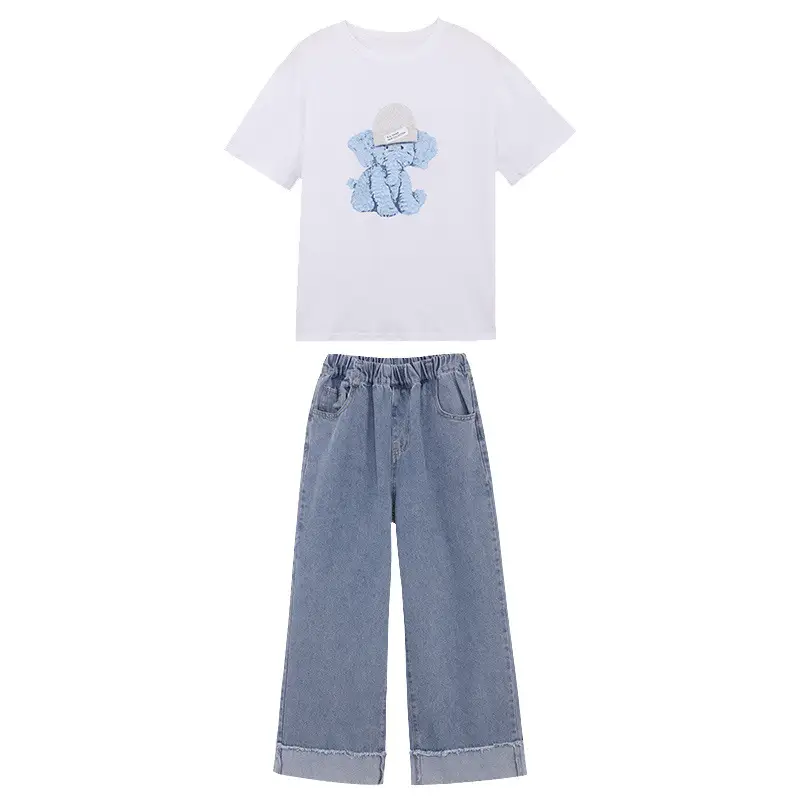 Girls Cotton T-Shirt & Denim Shorts Set White Blue 2025 - Image 6