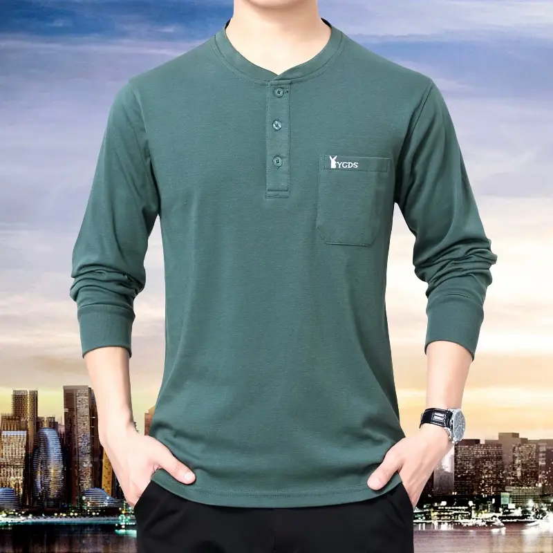 Middle-aged Cotton Collar Long Sleeve T-Shirt Grey - Image 2